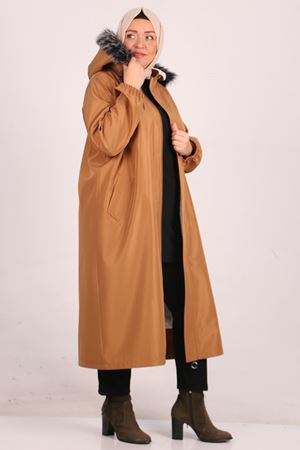 33069 Büyük Beden Kürk Astarlı Bondit Kap - Taba