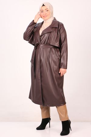 33109 Büyük Beden Şardonlu Deri Blazer Trençkot-Kahverengi