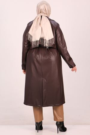 33109 Büyük Beden Şardonlu Deri Blazer Trençkot-Kahverengi