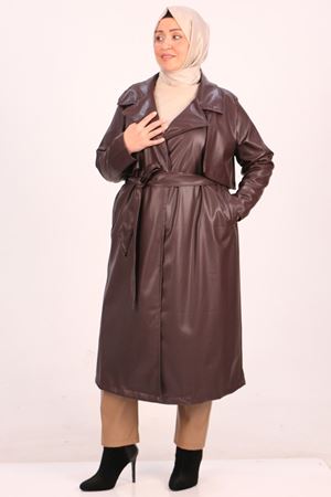33109 Büyük Beden Şardonlu Deri Blazer Trençkot-Kahverengi