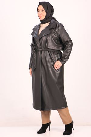 33109 Büyük Beden Şardonlu Deri Blazer Trençkot-Siyah