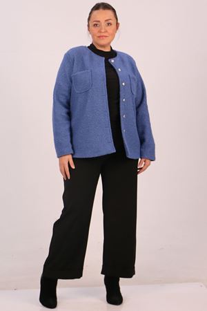 33110 Büyük Beden Kıvırcık Kuzu Düğmeli Ceket-İndigo