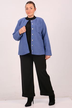 33110 Büyük Beden Kıvırcık Kuzu Düğmeli Ceket-İndigo