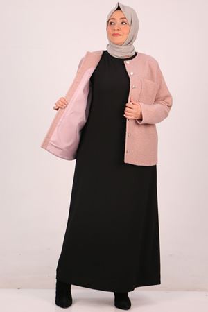 33110 Büyük Beden Kıvırcık Kuzu Düğmeli Ceket-Pudra