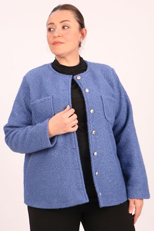 33110 Büyük Beden Kıvırcık Kuzu Düğmeli Ceket-İndigo