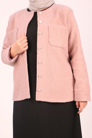 33110 Büyük Beden Kıvırcık Kuzu Düğmeli Ceket-Pudra