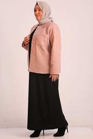 33110 Büyük Beden Kıvırcık Kuzu Düğmeli Ceket-Pudra