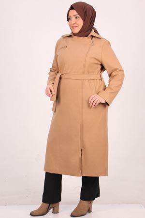 33112 Büyük Beden Yandan Femuarlı Kaşe Kaban-Vizon