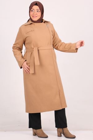 33112 Büyük Beden Yandan Femuarlı Kaşe Kaban-Vizon