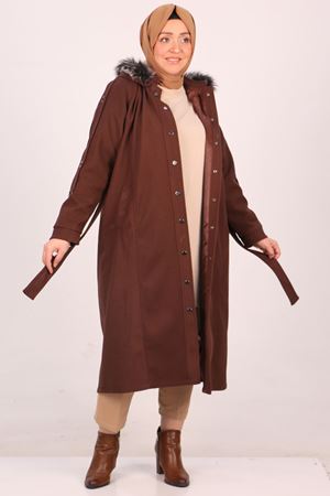 33089 Büyük Beden Çıtçıtlı Kaşe Kaban-Kahverengi