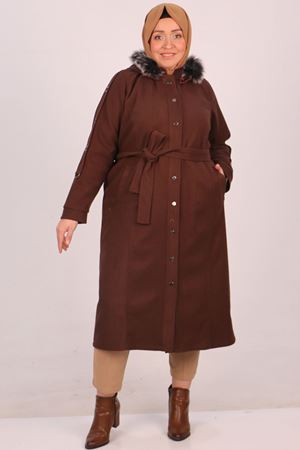 33089 Büyük Beden Çıtçıtlı Kaşe Kaban-Kahverengi