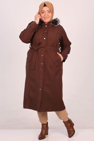 33089 Büyük Beden Çıtçıtlı Kaşe Kaban-Kahverengi