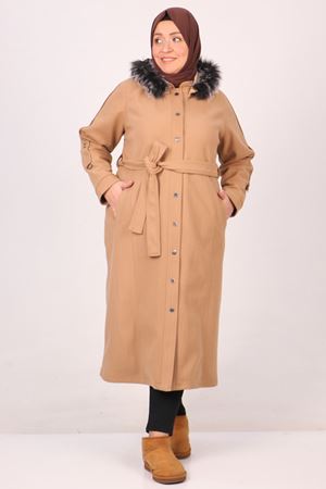 33089 Büyük Beden Çıtçıtlı Kaşe Kaban-Vizon