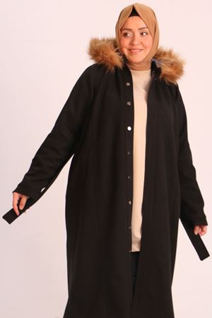 33089 Büyük Beden Çıtçıtlı Kaşe Kaban-Siyah