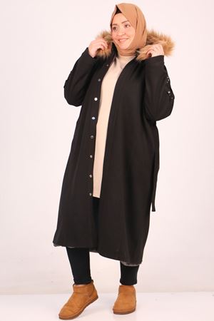 33089 Büyük Beden Çıtçıtlı Kaşe Kaban-Siyah