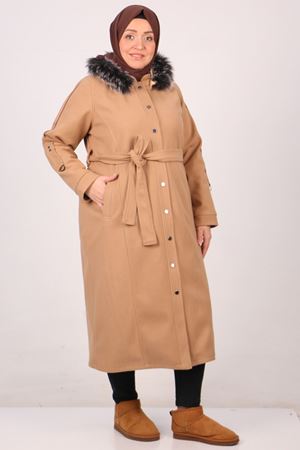 33089 Büyük Beden Çıtçıtlı Kaşe Kaban-Vizon