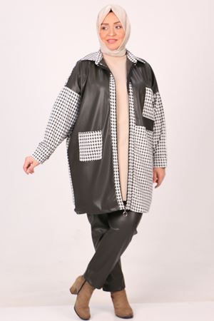 F-37045 Büyük Beden Kaz Ayağı Deri Kombinli Pantolonlu Takım-Haki