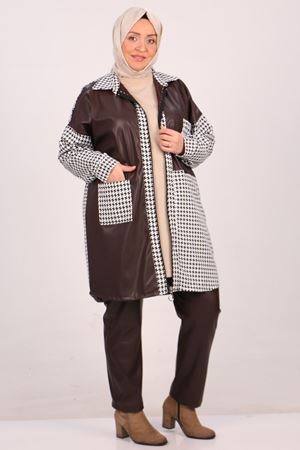 F-37045 Büyük Beden Kaz Ayağı Deri Kombinli Pantolonlu Takım-Kahverengi