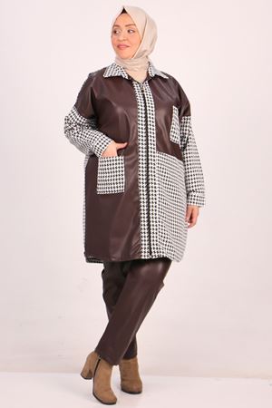 F-37045 Büyük Beden Kaz Ayağı Deri Kombinli Pantolonlu Takım-Kahverengi