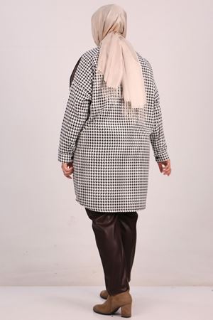 F-37045 Büyük Beden Kaz Ayağı Deri Kombinli Pantolonlu Takım-Kahverengi