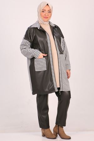 F-37045 Büyük Beden Kaz Ayağı Deri Kombinli Pantolonlu Takım-Haki