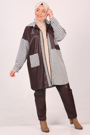 F-37045 Büyük Beden Kaz Ayağı Deri Kombinli Pantolonlu Takım-Kahverengi