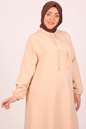 F-42010 Büyük Beden Keten Airobin Düğmeli Elbise-Bej