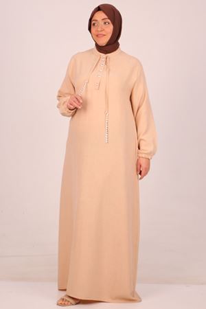 F-42010 Büyük Beden Keten Airobin Düğmeli Elbise-Bej