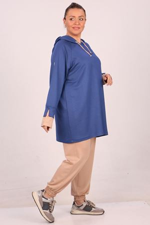 47015 Büyük Beden Kolu Baskılı Kristal İki İplik Eşofman Takımı-İndigo