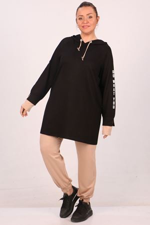 47015 Büyük Beden Kolu Baskılı Kristal İki İplik Eşofman Takımı-Siyah