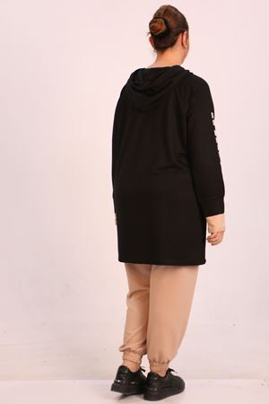 47015 Büyük Beden Kolu Baskılı Kristal İki İplik Eşofman Takımı-Siyah