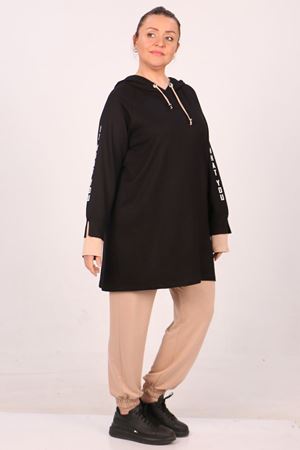 47015 Büyük Beden Kolu Baskılı Kristal İki İplik Eşofman Takımı-Siyah