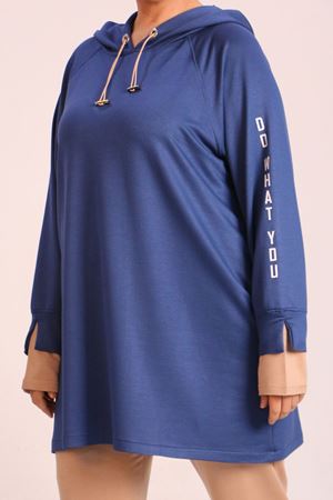 47015 Büyük Beden Kolu Baskılı Kristal İki İplik Eşofman Takımı-İndigo