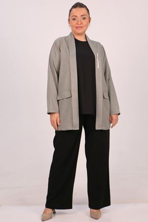 F-43021 Büyük Beden Çıkabilir Broş'lu Dokuma Kumaş Kısa Ceket-Nefti