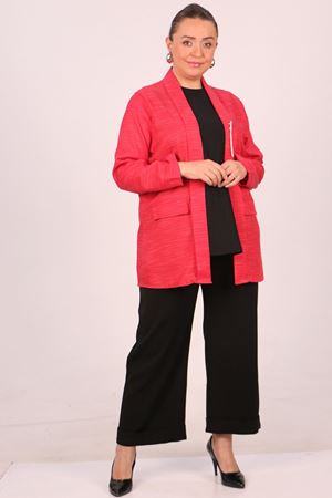 F-43021 Büyük Beden Çıkabilir Broş'lu Dokuma Kumaş Kısa Ceket-Kırçıllı Kırmızı