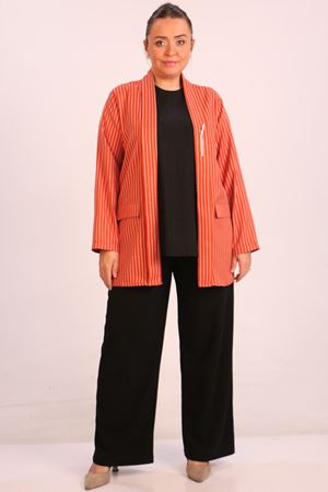 F-43021 Büyük Beden Çıkabilir Broş'lu Dokuma Kumaş Kısa Ceket-Çizgili Kiremit