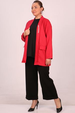 F-43021 Büyük Beden Çıkabilir Broş'lu Dokuma Kumaş Kısa Ceket-Kırmızı