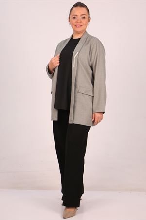 F-43021 Büyük Beden Çıkabilir Broş'lu Dokuma Kumaş Kısa Ceket-Kırçıllı Nefti