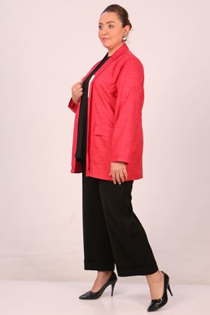 F-43021 Büyük Beden Çıkabilir Broş'lu Dokuma Kumaş Kısa Ceket-Kırçıllı Kırmızı
