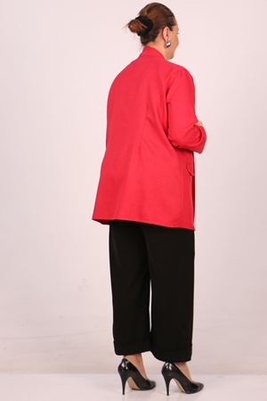 F-43021 Büyük Beden Çıkabilir Broş'lu Dokuma Kumaş Kısa Ceket-Kırmızı