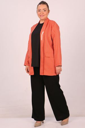 F-43021 Büyük Beden Çıkabilir Broş'lu Dokuma Kumaş Kısa Ceket-Çizgili Kiremit