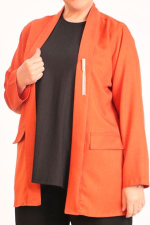 F-43021 Büyük Beden Çıkabilir Broş'lu Dokuma Kumaş Kısa Ceket-Kiremit