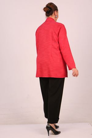 F-43021 Büyük Beden Çıkabilir Broş'lu Dokuma Kumaş Kısa Ceket-Kırçıllı Kırmızı