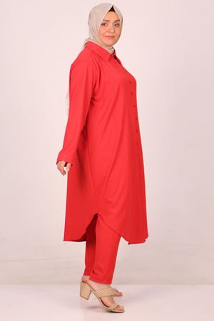 37013 Büyük Beden Düğmeli Bürümcük Pantolonlu Takım-Nar Çiçeği