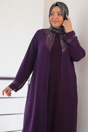 F-42004  Büyük Beden Yakası Taş Detaylı Sandy - Şifon Takım - Mürdüm