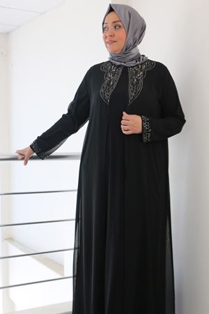 F-42004  Büyük Beden Yakası Taş Detaylı Sandy - Şifon Takım - Siyah