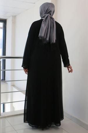 F-42004  Büyük Beden Yakası Taş Detaylı Sandy - Şifon Takım - Siyah