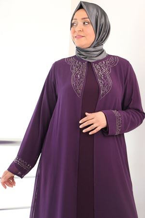 F-42004  Büyük Beden Yakası Taş Detaylı Sandy - Şifon Takım - Mürdüm