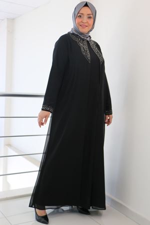 F-42004  Büyük Beden Yakası Taş Detaylı Sandy - Şifon Takım - Siyah