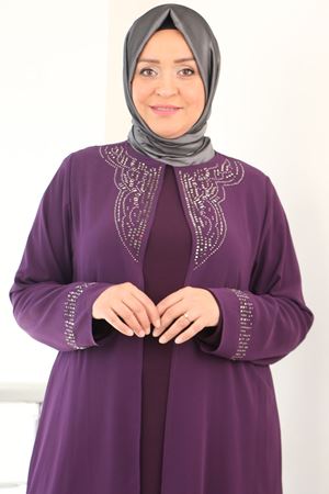 F-42004  Büyük Beden Yakası Taş Detaylı Sandy - Şifon Takım - Mürdüm